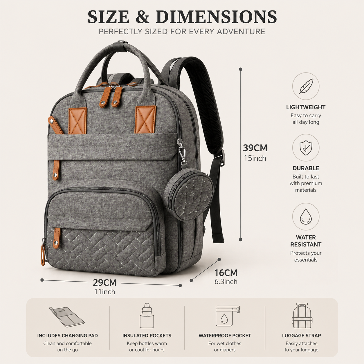 Mira Diaper Bag Backpack with Changing Pad & USB Port