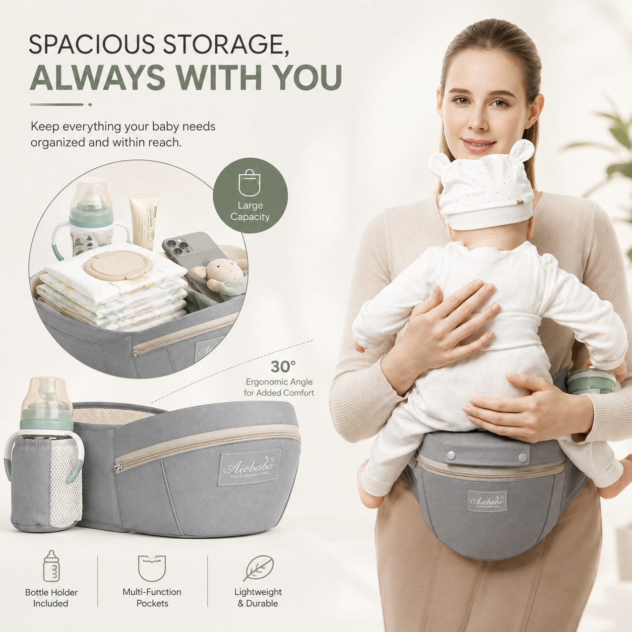 Alba Hip Seat Baby Carrier, 4 Carry Positions
