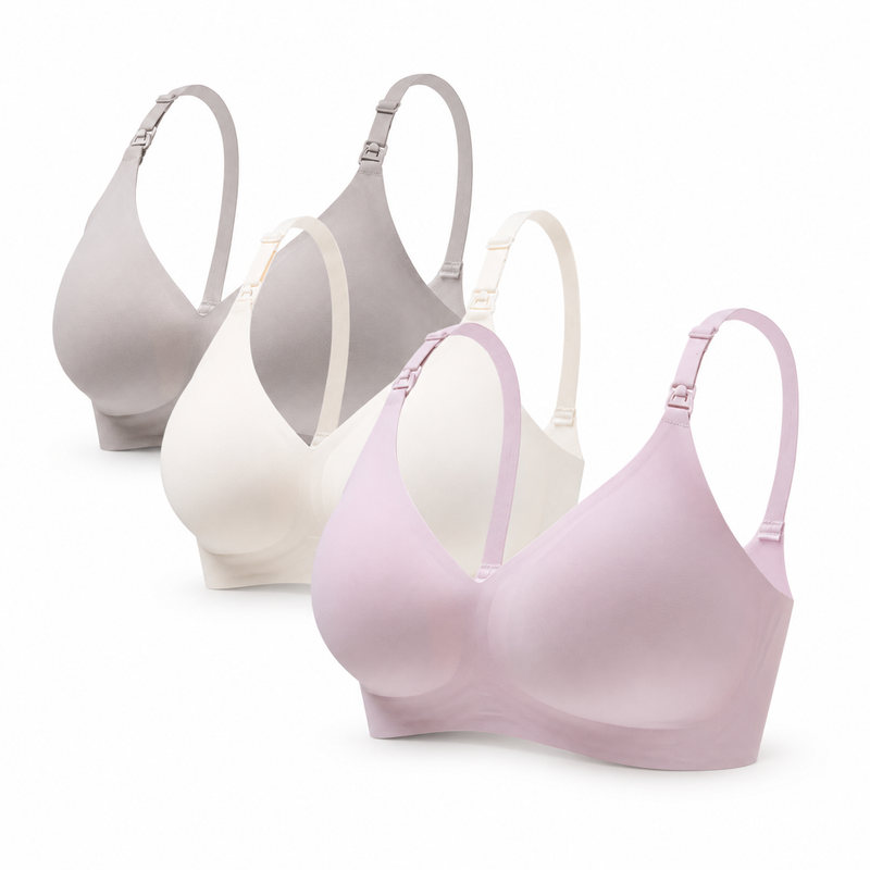 Set of 3 Soft Nursing Bras - Pink + White + Gray