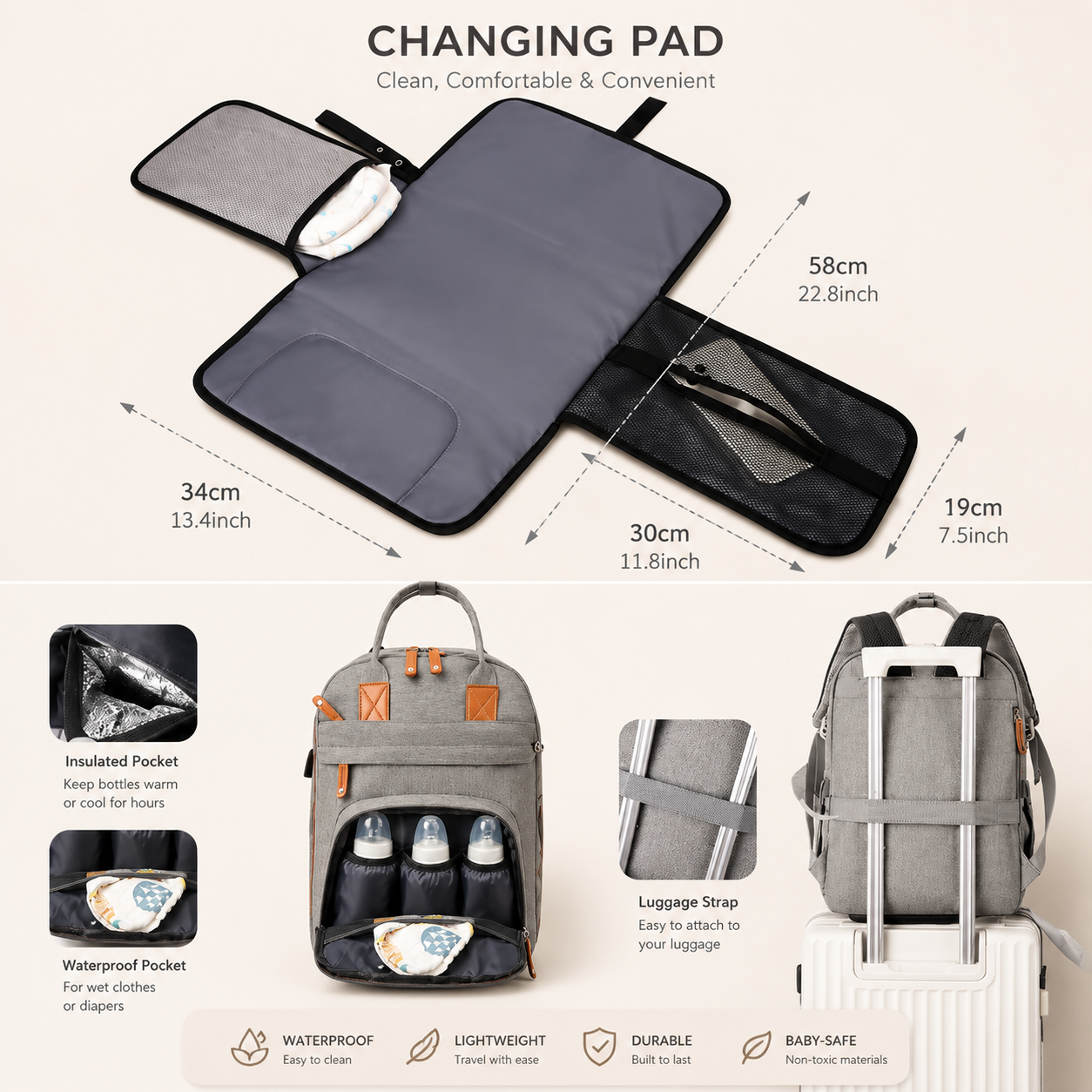 Mira Diaper Bag Backpack with Changing Pad & USB Port