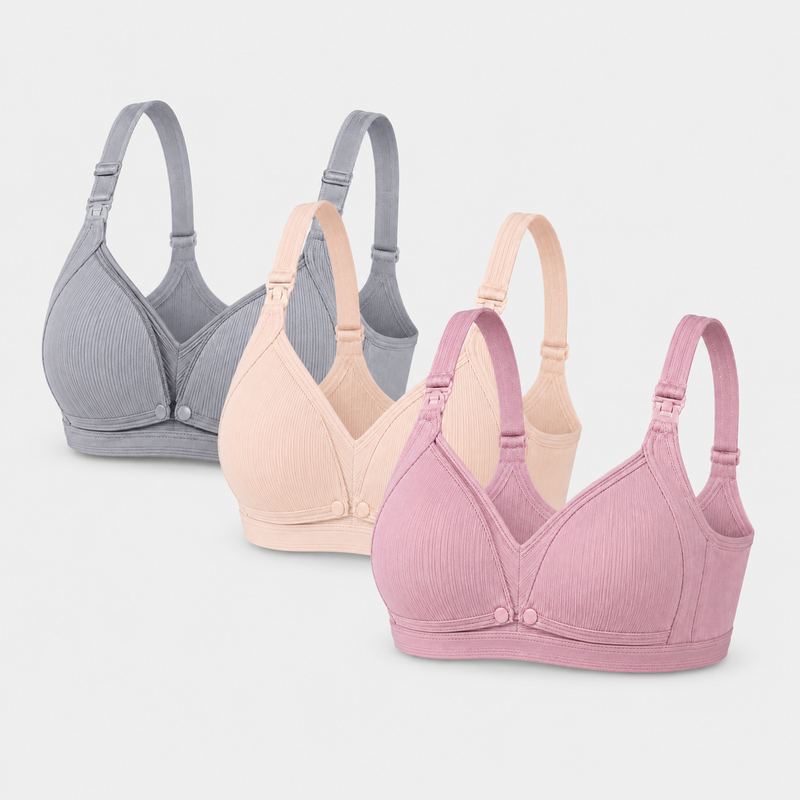 Cotton Nursing Bra Maternity Wireless Support - Set of 3 - Gray + Beige + Pink