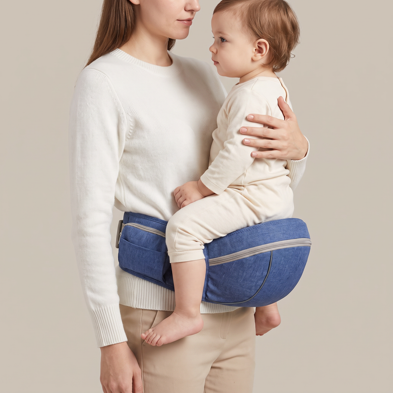 Mother carrying her toddler on the denim hip seat carrier, studio — Juno Hip Seat Carrier — NAEVII#Color_Denim