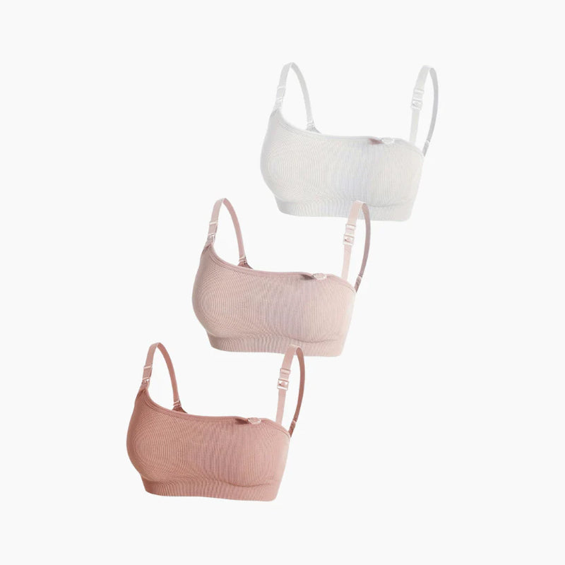 Set of 3 Ribbed Nursing Bras - WHITE + LIGHT PINK + CINNAMON PINK