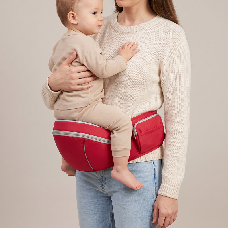 Mother carrying her toddler on the red hip seat carrier, studio — Juno Hip Seat Carrier — NAEVII#Color_Red