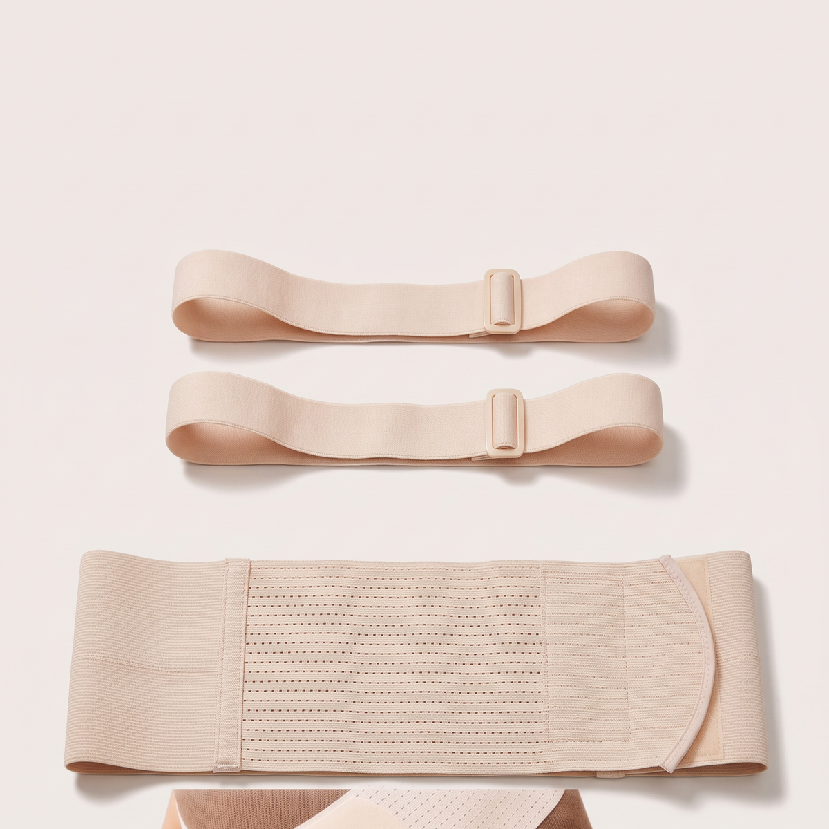 Beige maternity support belt laid flat with its two adjustable straps — Alma Maternity Support Belt — NAEVII#Color_Beige