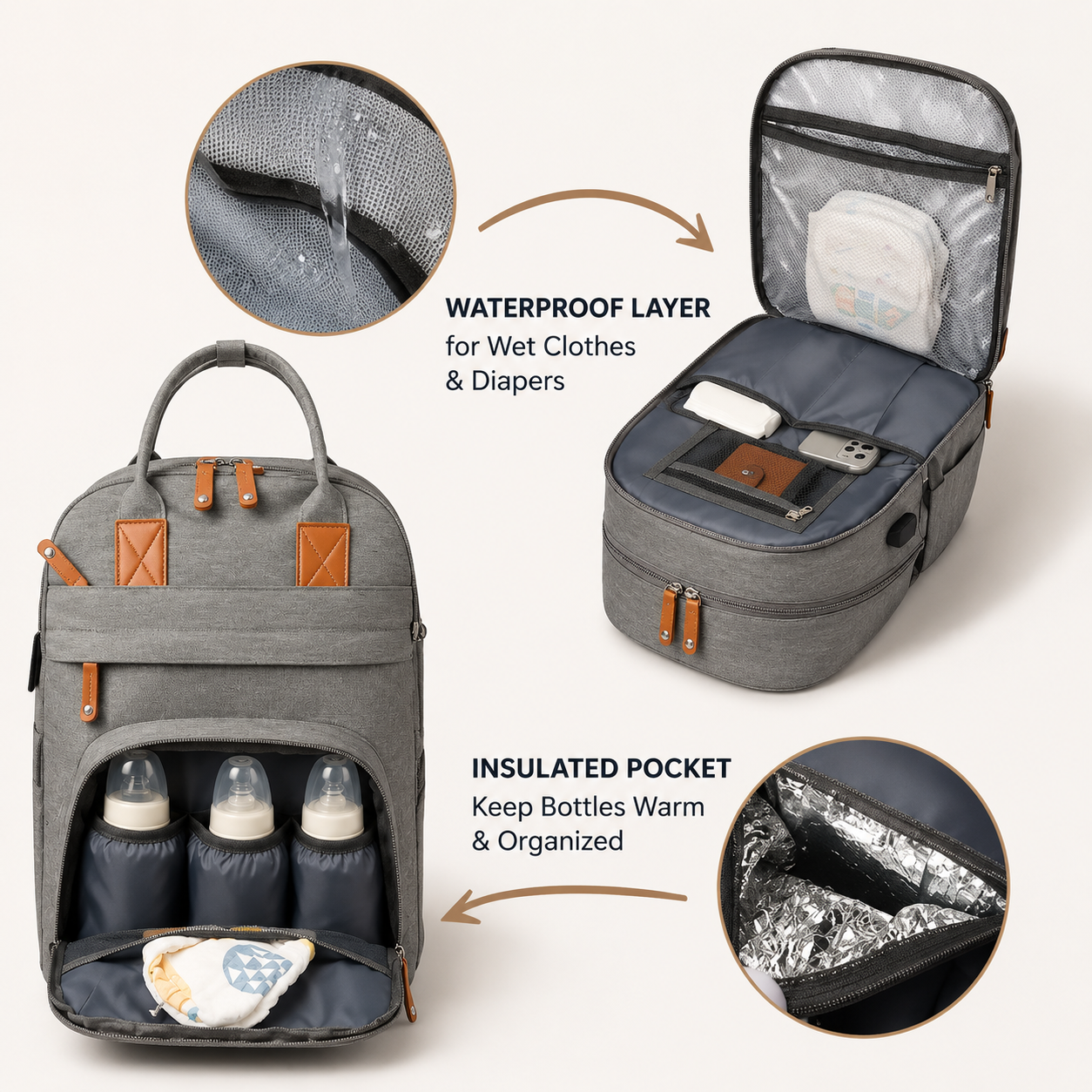 Mira Diaper Bag Backpack with Changing Pad & USB Port