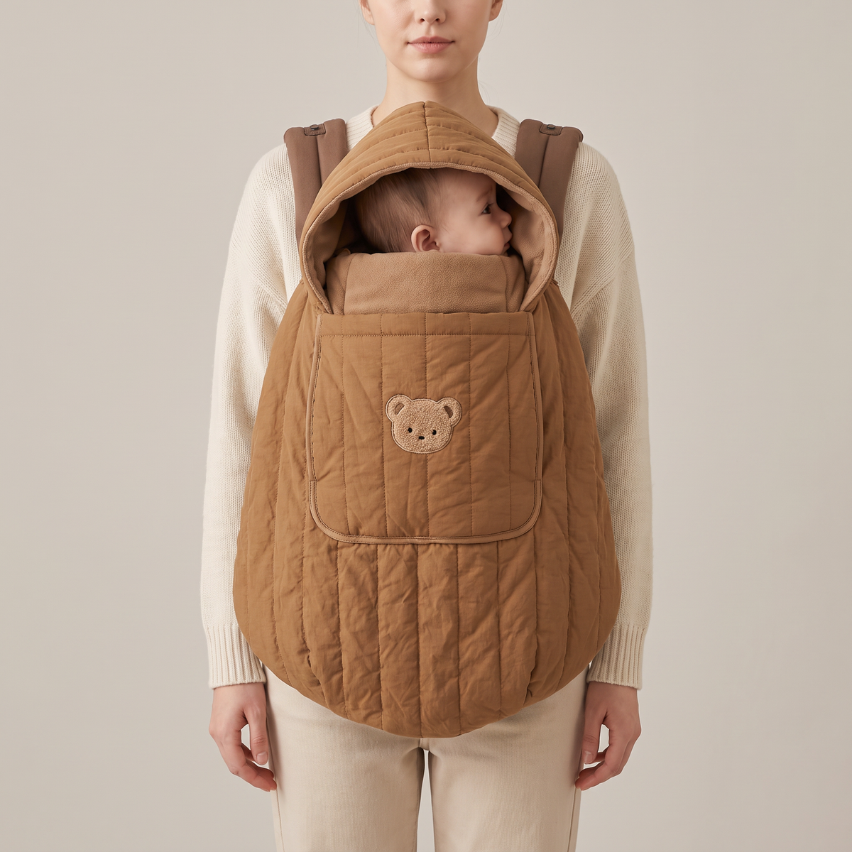 Mother wearing the camel quilted babywearing cover over her carrier — Orla Babywearing Cover — NAEVII#Color_Camel