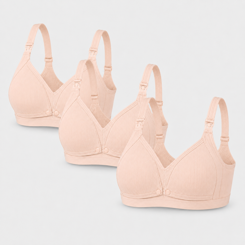 Cotton Nursing Bra Maternity Wireless Support - Set of 3 - All Beige