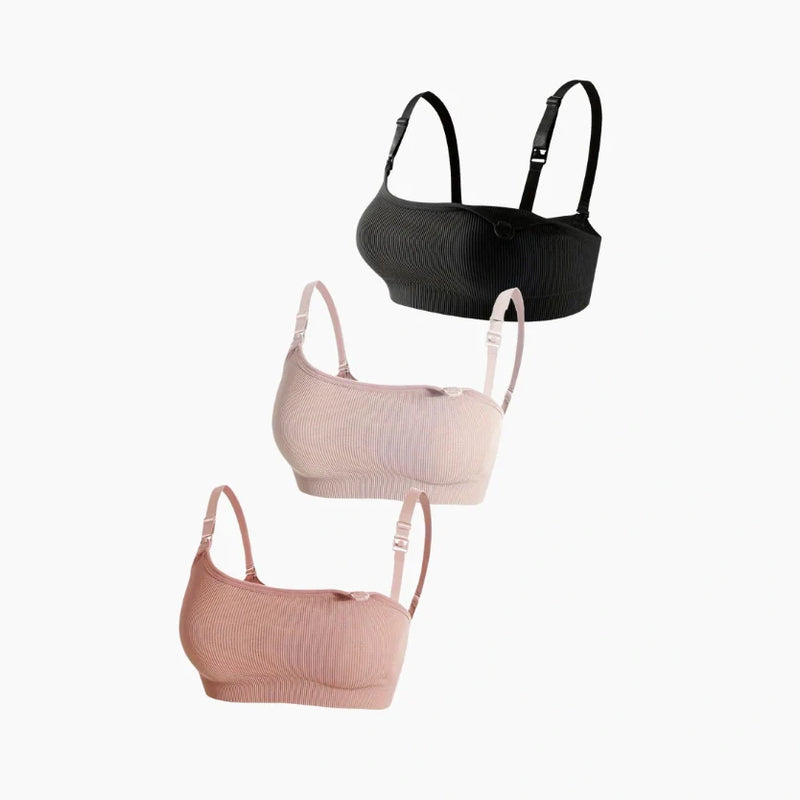 Set of 3 Ribbed Nursing Bras - BLACK + LIGHT PINK + CINNAMON PINK