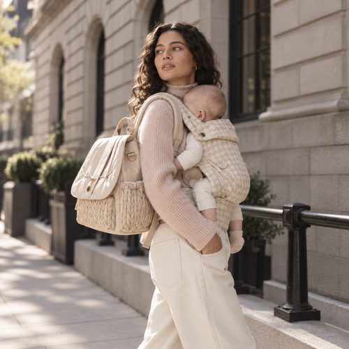 Mother walking down a city street with her baby in a beige houndstooth carrier, wearing the NAEVII Elara Diaper Bag Backpack in beige on her back#Color_Beige