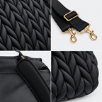 NAEVII Elara Diaper Bag Backpack in black, detail close-ups: chevron quilted fabric, adjustable strap with gold-tone buckle and swivel clasps, padded mesh shoulder strap and quilted base#Color_Black
