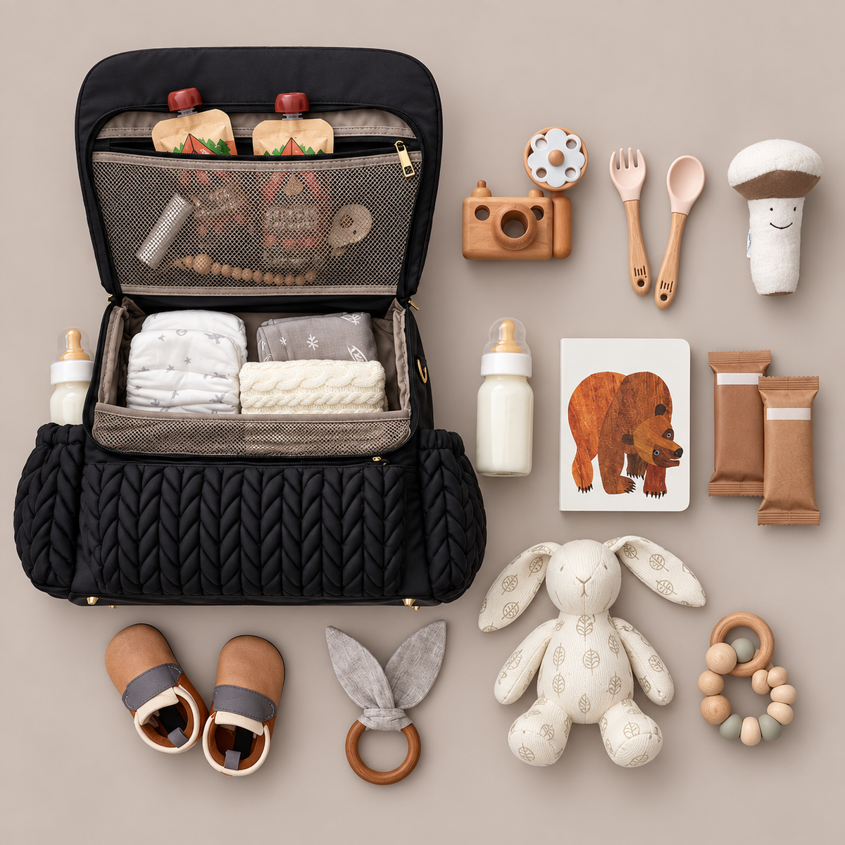 Flat lay of the NAEVII Elara Diaper Bag Backpack in black, open to show what fits inside: diapers, blanket, food pouches and bottles, surrounded by baby shoes, soft toys, teethers, snack bars and a board book#Color_Black