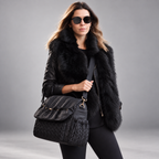 Woman in a black faux fur jacket and sunglasses wearing the NAEVII Elara Diaper Bag Backpack in black as a shoulder bag with the detachable strap, studio shot#Color_Black