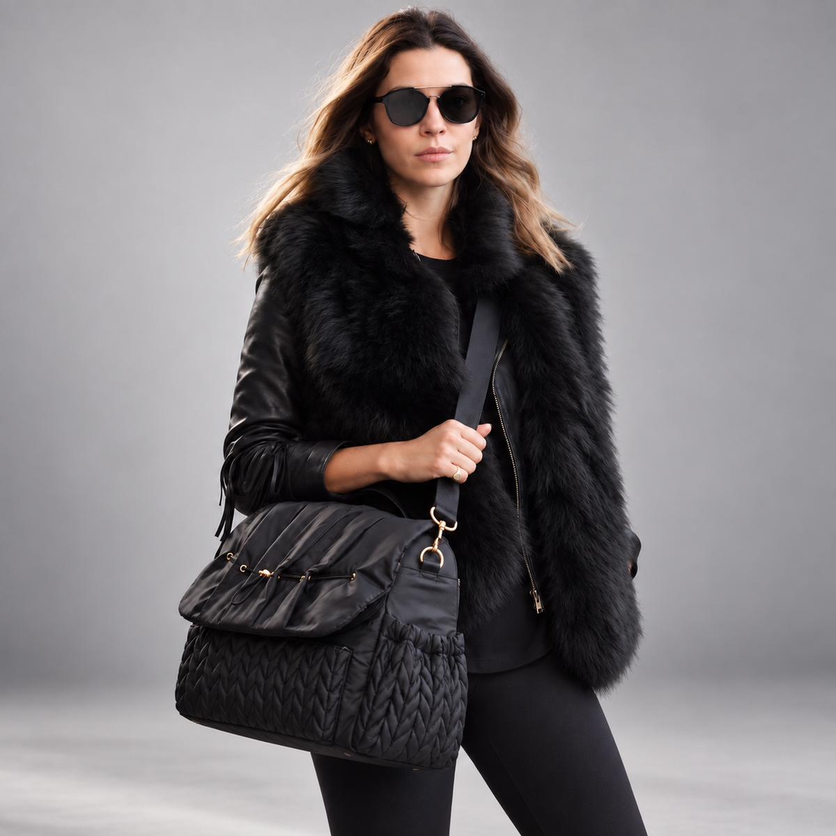 Woman in a black faux fur jacket and sunglasses wearing the NAEVII Elara Diaper Bag Backpack in black as a shoulder bag with the detachable strap, studio shot#Color_Black