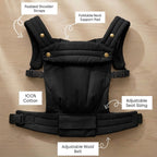 NAEVII Soft Baby Carrier features in black with amber hardware: padded shoulder straps, foldable neck support pad, 100% cotton, adjustable seat sizing and adjustable waist belt#Color_Amber Black