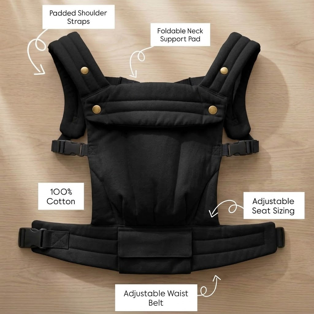 NAEVII Soft Baby Carrier features in black with amber hardware: padded shoulder straps, foldable neck support pad, 100% cotton, adjustable seat sizing and adjustable waist belt#Color_Amber Black