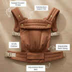NAEVII Soft Baby Carrier features in terracotta Brown: padded shoulder straps, foldable neck support pad, 100% cotton, adjustable seat sizing and adjustable waist belt#Color_Brown