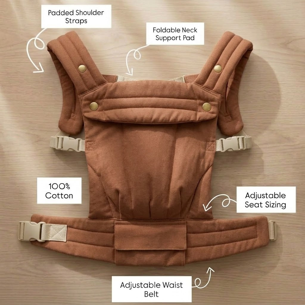 NAEVII Soft Baby Carrier features in terracotta Brown: padded shoulder straps, foldable neck support pad, 100% cotton, adjustable seat sizing and adjustable waist belt#Color_Brown