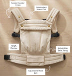 NAEVII Soft Baby Carrier features in beige Cream: padded shoulder straps, foldable neck support pad, 100% cotton, adjustable seat sizing and adjustable waist belt#Color_Cream