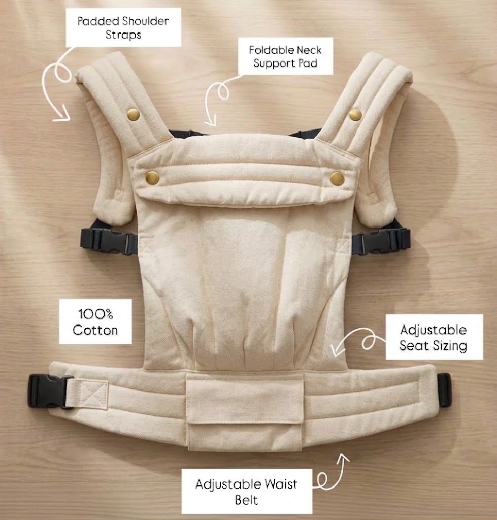 NAEVII Soft Baby Carrier features in beige Cream: padded shoulder straps, foldable neck support pad, 100% cotton, adjustable seat sizing and adjustable waist belt#Color_Cream