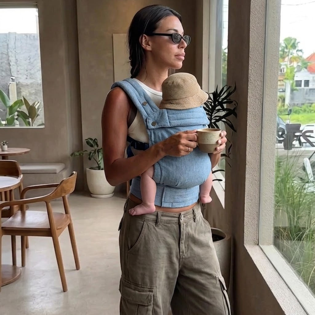 Woman at a cafe holding a coffee while carrying baby in NAEVII Soft Baby Carrier, blue Denim#Color_Denim
