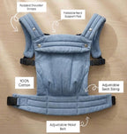 NAEVII Soft Baby Carrier features in blue Denim: padded shoulder straps, foldable neck support pad, 100% cotton, adjustable seat sizing and adjustable waist belt#Color_Denim