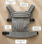 NAEVII Soft Baby Carrier features in black and white Houndstooth: padded shoulder straps, foldable neck support pad, 100% cotton, adjustable seat sizing and adjustable waist belt#Color_Houndstooth
