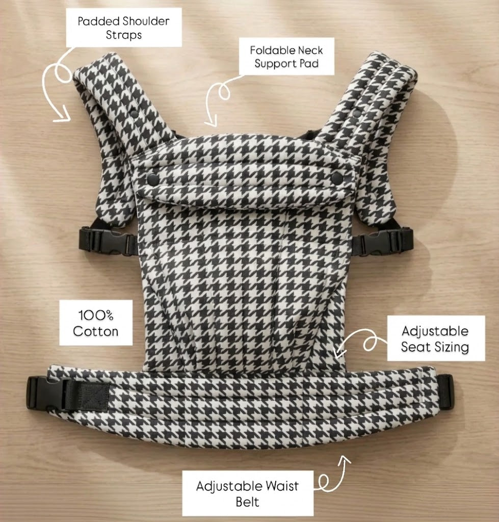 NAEVII Soft Baby Carrier features in black and white Houndstooth: padded shoulder straps, foldable neck support pad, 100% cotton, adjustable seat sizing and adjustable waist belt#Color_Houndstooth