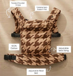 NAEVII Soft Baby Carrier features in brown Mocha Houndstooth: padded shoulder straps, foldable neck support pad, 100% cotton, adjustable seat sizing and adjustable waist belt#Color_Mocha Houndstooth