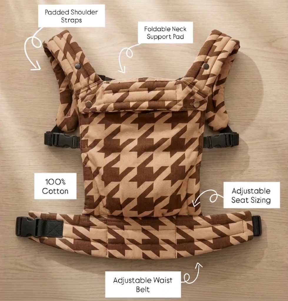NAEVII Soft Baby Carrier features in brown Mocha Houndstooth: padded shoulder straps, foldable neck support pad, 100% cotton, adjustable seat sizing and adjustable waist belt#Color_Mocha Houndstooth
