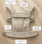 NAEVII Soft Baby Carrier features: padded shoulder straps, foldable neck support pad, 100% cotton, adjustable seat sizing and adjustable waist belt#Color_Neutral Houndstooth