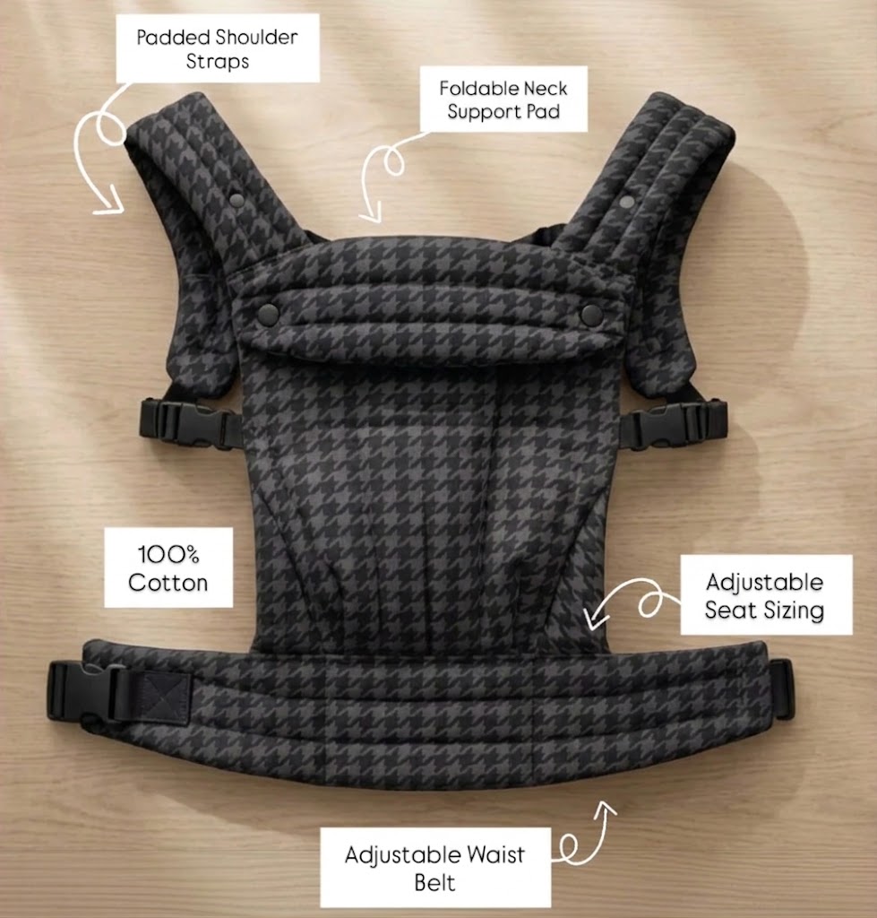 NAEVII Soft Baby Carrier features in black Onyx Houndstooth: padded shoulder straps, foldable neck support pad, 100% cotton, adjustable seat sizing and adjustable waist belt#Color_Onyx Houndstooth