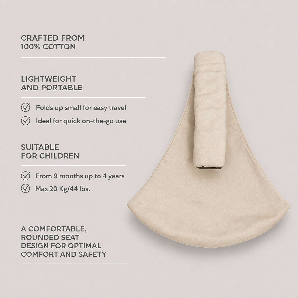 NAEVII Toddler Sling Carrier in beige, features: crafted from 100% cotton, lightweight and folds up small for travel, rounded seat design for comfort and safety, suitable from 9 months to 4 years up to 20 kg#Color_Beige