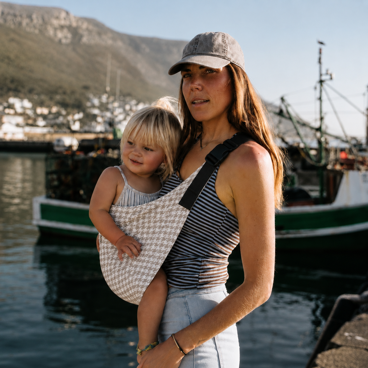 Woman carrying her toddler in the NAEVII Toddler Sling Carrier, Neutral Houndstooth, front carry on a harbour dock#Color_Neutral Houndstooth